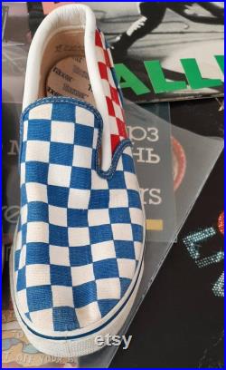 1980s Blue,White, and Red checkered board slip on sneakers by Trax.Mens size 7 1 2