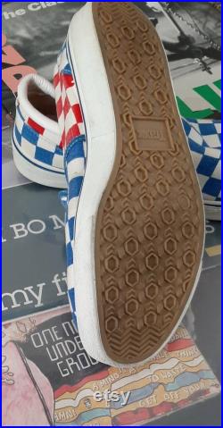 1980s Blue,White, and Red checkered board slip on sneakers by Trax.Mens size 7 1 2