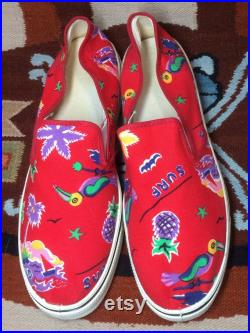 1980s Tropical patterned Surf palm tree Island sail boat slip on Canvas Sneakers Kicks Shoes mens size 8.5 Red vans style made in USA