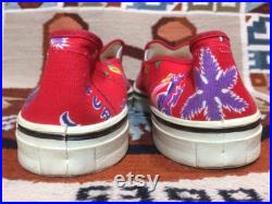 1980s Tropical patterned Surf palm tree Island sail boat slip on Canvas Sneakers Kicks Shoes mens size 8.5 Red vans style made in USA