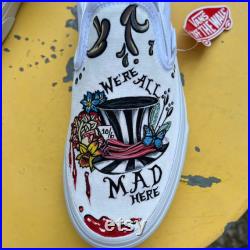 Alice In Wonderland With Mad Hatter Cheshire Cat White Rabbit The Hookah Caterpillar Tea Party Hand Painted Neo Traditional Vans M 7.5 W 9