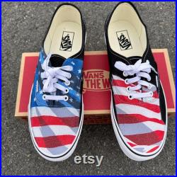 American Flag Red White And Blue Black White Vans Authentic Lace Up Shoes Custom Vans Shoes for Men and Women
