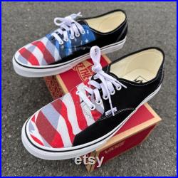 American Flag Red White And Blue Black White Vans Authentic Lace Up Shoes Custom Vans Shoes for Men and Women