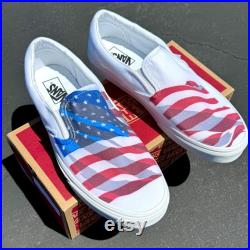 American Flag Red White Blue USA Custom White Slip On Vans