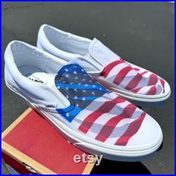 American Flag Red White Blue USA Custom White Slip On Vans