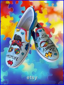 Autism Awareness Shoes. Custom and made to order- Slip-on style sneakers. Select Vans or Generic shoe brand. Artwork on ALL sides.