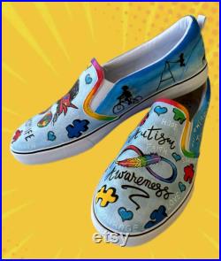 Autism Awareness Shoes. Custom and made to order- Slip-on style sneakers. Select Vans or Generic shoe brand. Artwork on ALL sides.