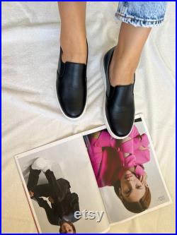 Black Leather Slip On Shoes, Women Leather Shoes, Women Slip Ons, Black Shoes, Gift for Her, Made in Greece,