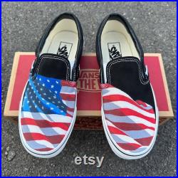 Black Slip On Vans Shoes for Men and Women Featuring American Flag Made In USA