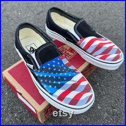 Black Slip On Vans Shoes for Men and Women Featuring American Flag Made In USA