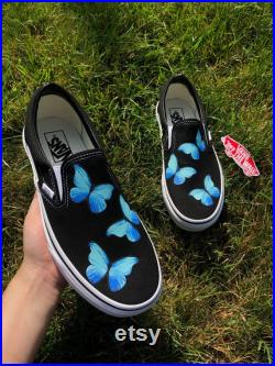 Blue Butterfly Slip On Vans, Hand Painted, Custom Made