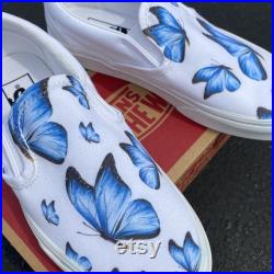 Blue Butterfly White Slip On Vans Custom Vans Shoes