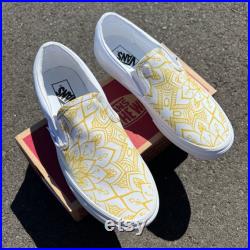Boho Henna Style Pattern on White Vans Slip On Shoes Women's and Men's Custom Vans Sneakers