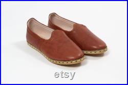 Brown Leather Loafers, Yemeni Turkish Shoes, Handstitched Slip Ons, Men Flat Shoes, Unique Bachelorette Gift