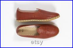 Brown Leather Loafers, Yemeni Turkish Shoes, Handstitched Slip Ons, Men Flat Shoes, Unique Bachelorette Gift