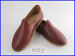 Burgundy Nomad Handmade Turkish Shoes Women Slip Ons Leather Men Flats House Slippers Medieval Christmas Gifts