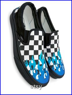 Checkerboard Blue Flame Custom Vans Brand Shoes
