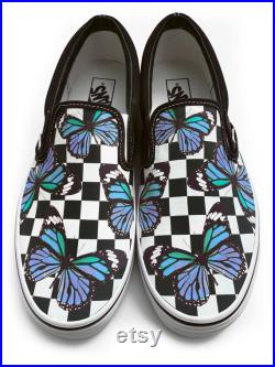 Checkerboard Blue Monarch Butterfly Custom Vans Brand Slip-on Shoes
