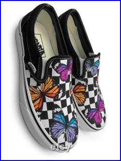 Checkerboard Colorful Monarch Butterfly Custom Vans Brand Slip-on Shoes