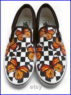 Checkerboard Monarch Butterfly Custom Vans Brand Slip-on Shoes
