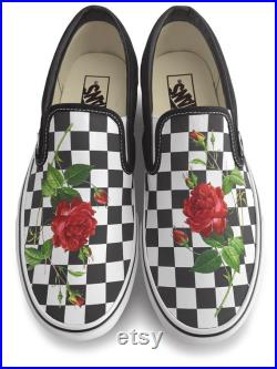 Checkerboard Rose Custom Vans Brand Slip-on Shoes