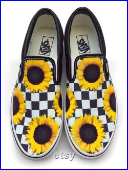Checkerboard Sunflower Custom Vans Brand Slip-on Shoes