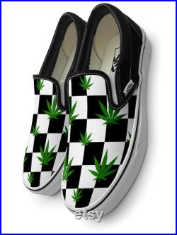 Checkerboard Weed Plant Slip on Custom Vans Brand Shoes