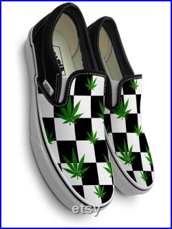 Checkerboard Weed Plant Slip on Custom Vans Brand Shoes