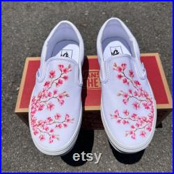 Cherry Blossoms White Vans Slip On Shoes Men's and Women's Custom Vans Sneakers