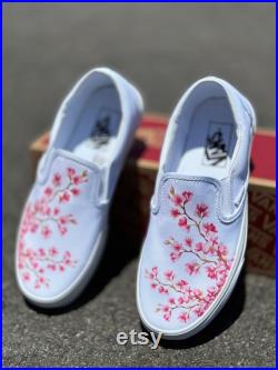 Cherry Blossoms White Vans Slip On Shoes Men's and Women's Custom Vans Sneakers