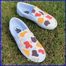 Coffee Cow Print Custom White Slip On Vans Abstract Cow Print Spots Accessory Paint Splatter Neutrals Cafe Latte Kawaii Autumn Fall Color