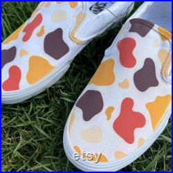 Coffee Cow Print Custom White Slip On Vans Abstract Cow Print Spots Accessory Paint Splatter Neutrals Cafe Latte Kawaii Autumn Fall Color