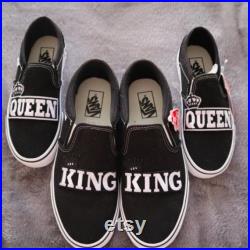 Couple, engagement, wedding gift, just married, King and Queen Vans slip on shoes