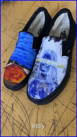 Custom Black Monochrome Slip On Vans Personalize With Any Image Pets, Kids, Bands, Movies.