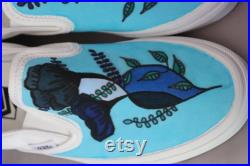 Custom Hand Drawn Vans Slip On Shoes Vans Custom Men's Shoes Custom Women's Shoes Hand Drawn Flower Shoes Flower Patterned Vans Blue Shoes