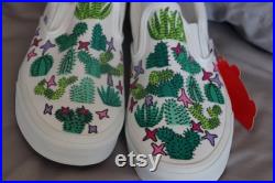Custom Hand Drawn Vans Slip On Shoes Vans Custom Men's Shoes Custom Women's Shoes Hand Drawn Shoes Cactus Pattern Colorful Succulent Shoes