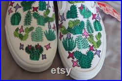Custom Hand Drawn Vans Slip On Shoes Vans Custom Men's Shoes Custom Women's Shoes Hand Drawn Shoes Cactus Pattern Colorful Succulent Shoes