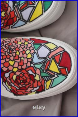 Custom Hand Drawn Vans Slip On Shoes Vans Custom Men's Shoes Custom Women's Shoes Hand Drawn Shoes Geometric Patterned Vans Floral Shoes