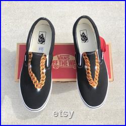 Custom Hand Painted Gold Chain Vans Slip On Shoes Gold Chains Necklace Custom Sneakers