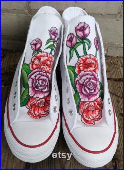 Custom Hand Painted Rose and Peony Tongue painted Laced up Shoes