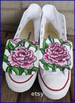 Custom Hand Painted Rose and Peony Tongue painted Laced up Shoes