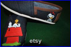Custom Hand Painted Snoopy design. snoopy on his house on Mens Toms denim and leather. sorry sold