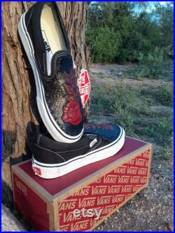 Custom Hand Tooled Leather Vans Shoes, Black and Red Rose, Made to Order