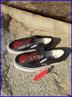 Custom Hand Tooled Leather Vans Shoes, Black and Red Rose, Made to Order