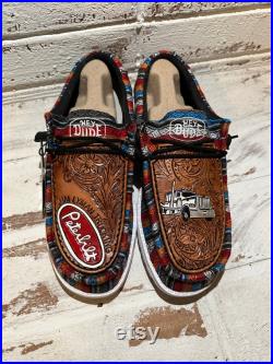 Custom Leather stamped Hey Dude patches on brand new shoes