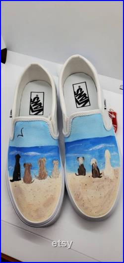 Custom Painted Beach Vans Slip On with Pets Dogs Cats Personalized Christmas Gift Shoes Ocean Sand Couples Portrait