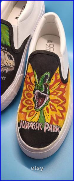 Custom Painted Dinosaur Slip On Vans Shoes, Adult Kids Mens Womens, Dilophosaurus TRex