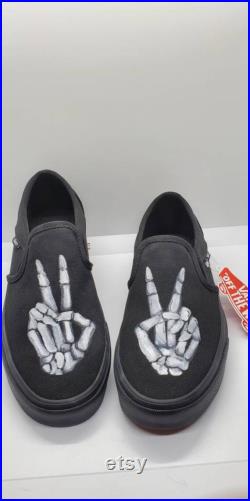 Custom Painted Skeleton Vans Slip On Black Shoes Personalized Peace Sign Hands