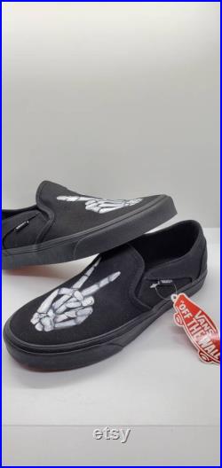 Custom Painted Skeleton Vans Slip On Black Shoes Personalized Peace Sign Hands