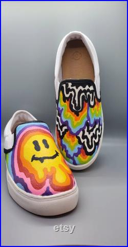 Custom Painted Vans Colorful Psychedelic Smiley Face Slip On Shoes Mens Womens Kids